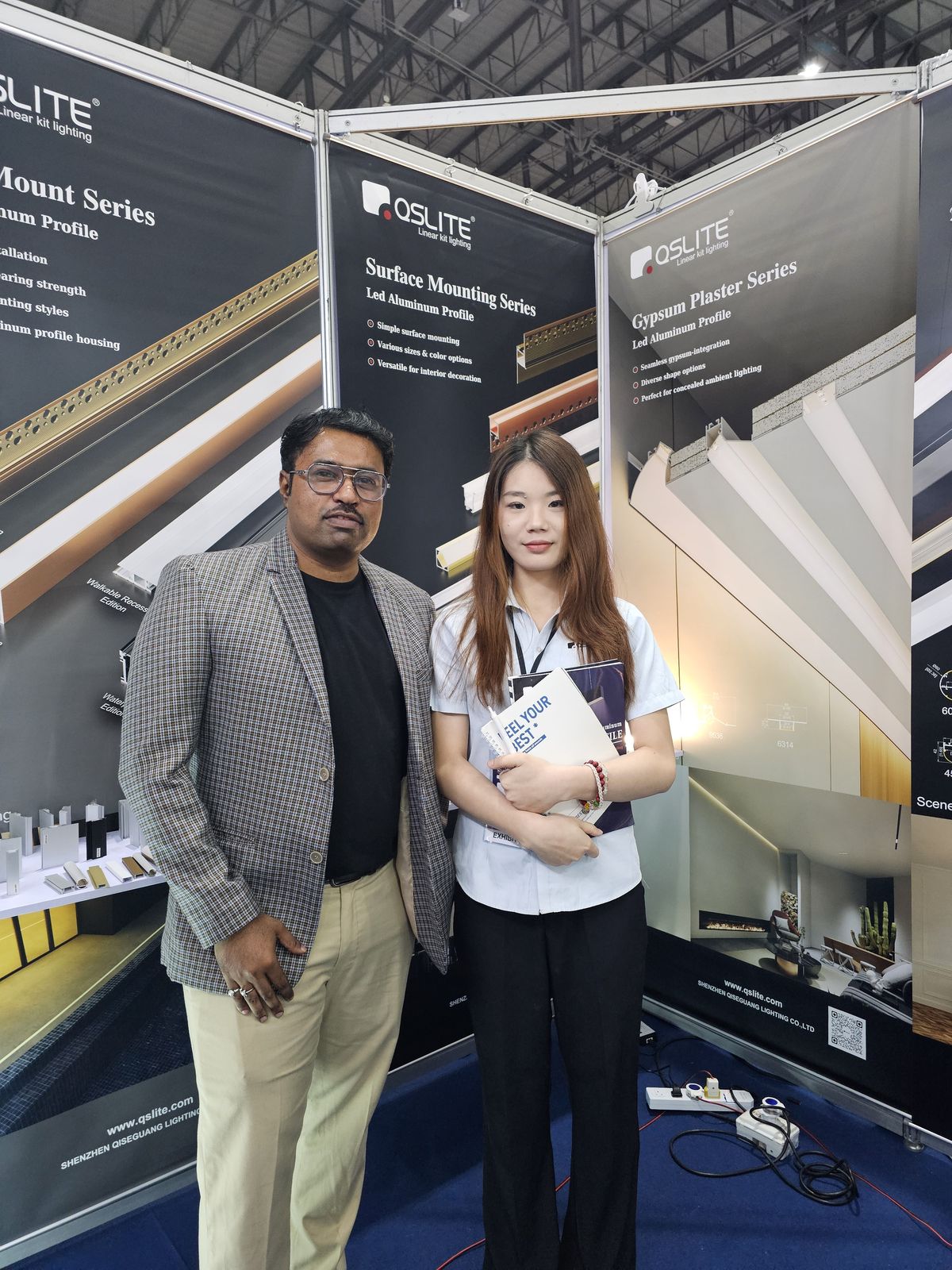 GVTO representative with an exhibitor at an LED aluminium lighting-profile booth, BCT Expo 2026